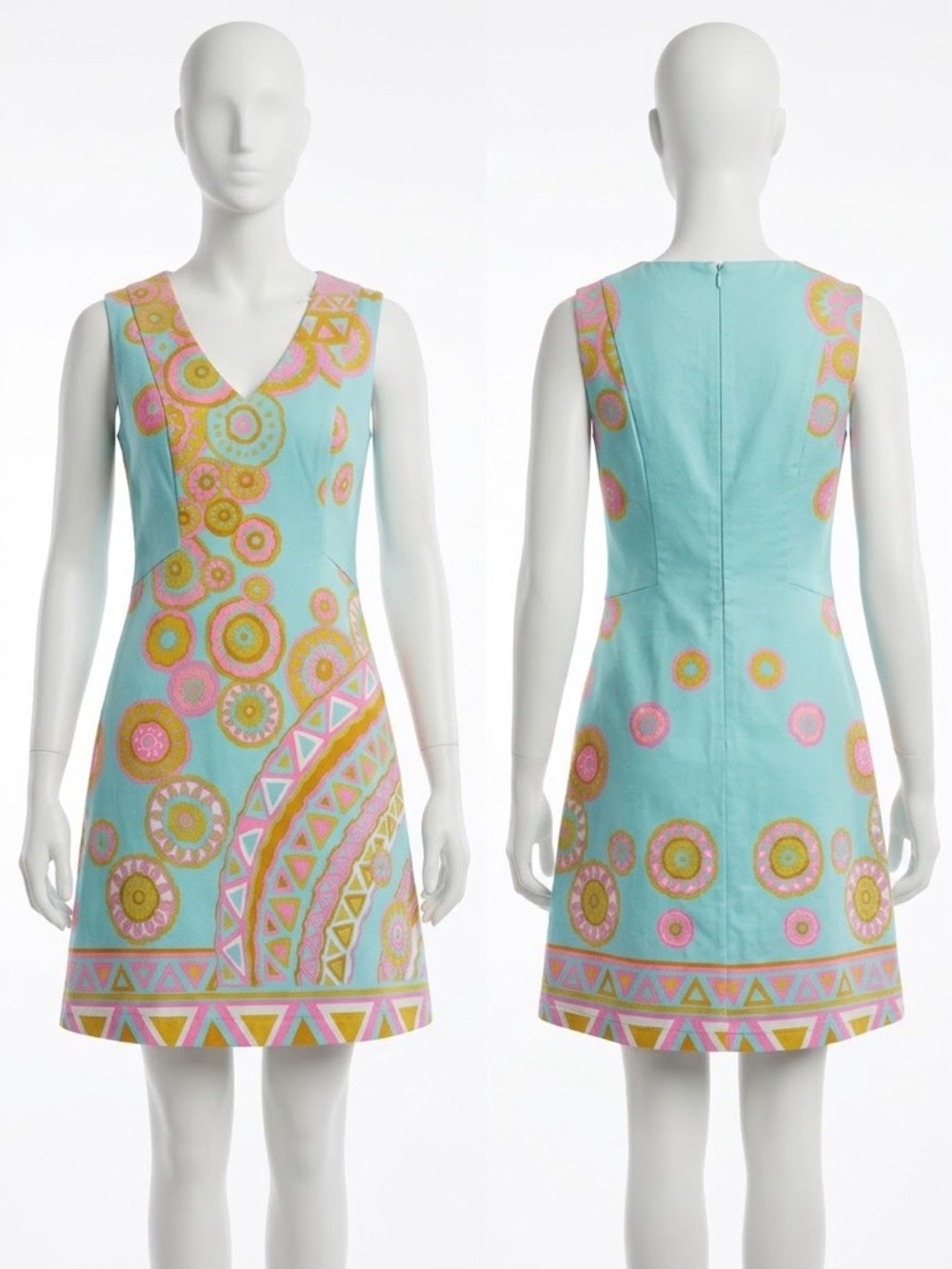 Sleeveless Aqua Printed V-Neck Dress-Size 0